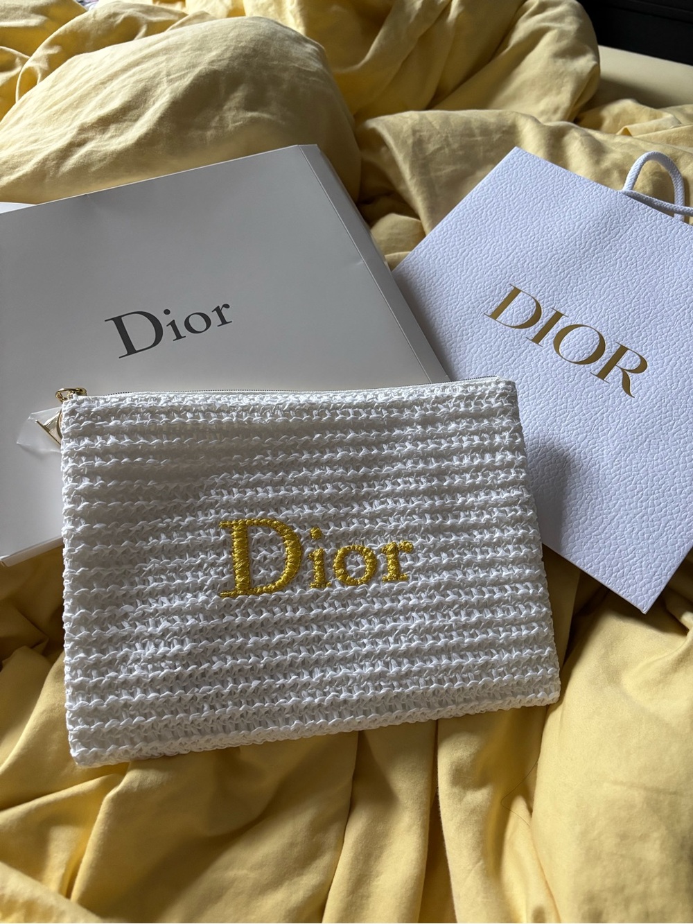 Dior White Woven Clutch with Yellow Logo